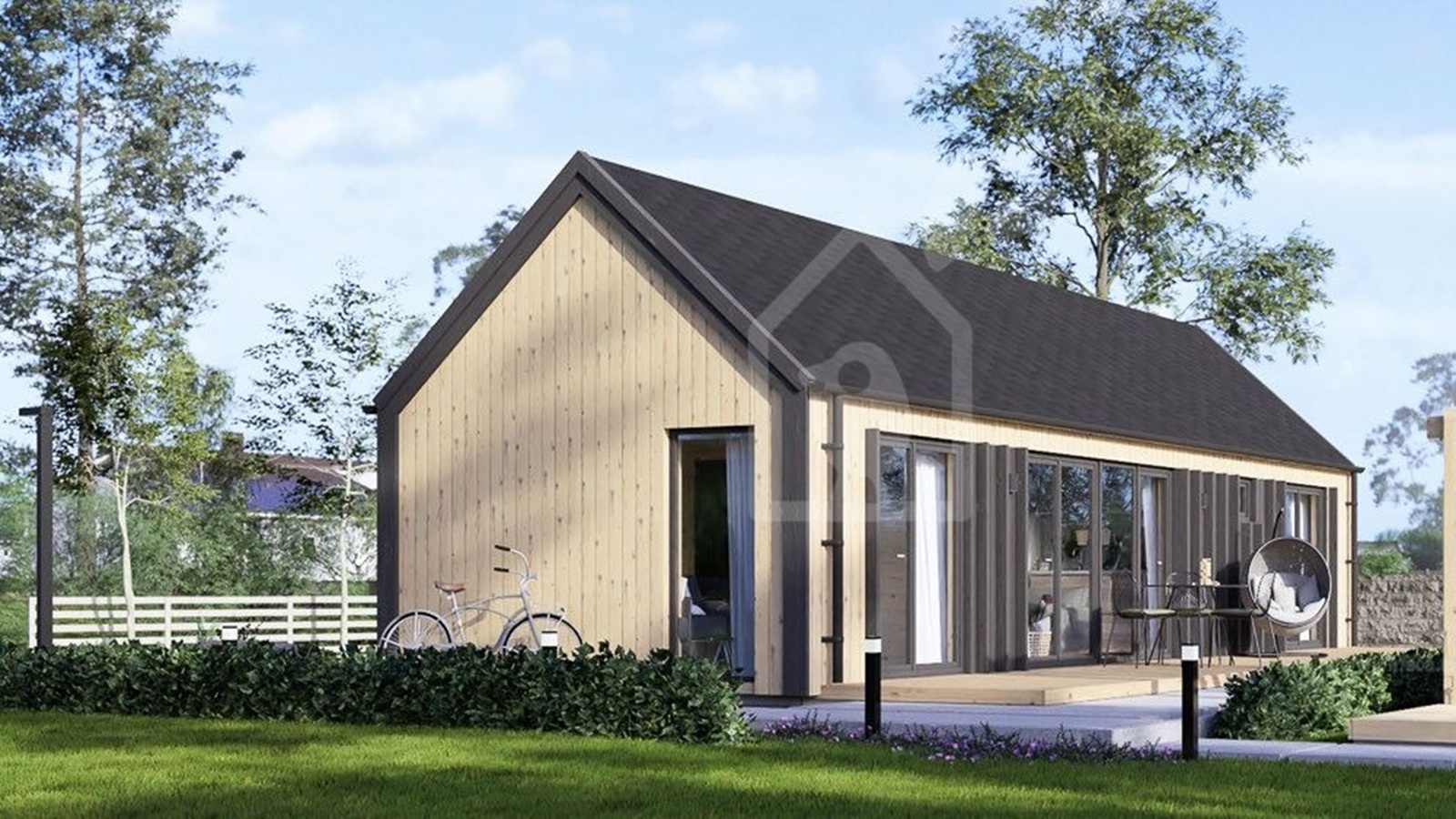 Casa pré-fabricada de 50 m² custa 17.324 euros, tem 2 quartos, madeira, grandes janelas e entrega em até 12 semanas.