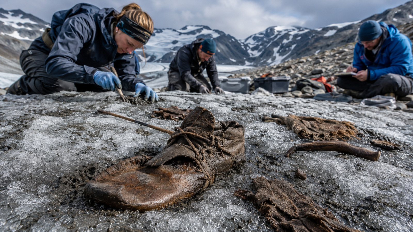 Sapato de 3.400 anos encontrado no degelo da Noruega levou arqueólogos a recuperar 4.500 artefatos preservados sob o gelo.
