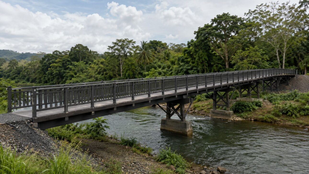 In the Panama Canal basin, an 81 m recycled plastic bridge made of plastic wood from Botellas de Amor connects four isolated communities.