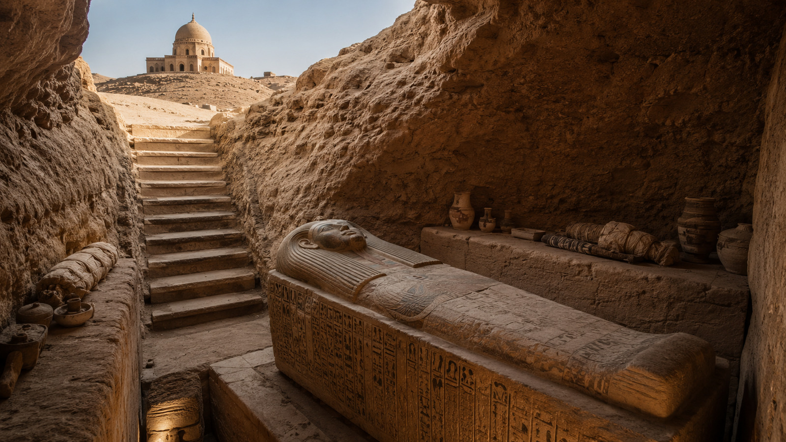 Sob uma escadaria de nove degraus perto do Mausoléu de Aga Khan, no Egito, arqueólogos encontram sarcófago gigante com inscrições hieroglíficas e revelam nova peça de uma necrópole muito maior em Aswan