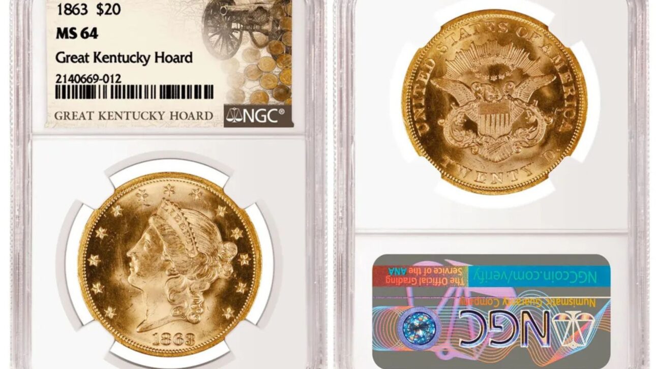 A $20 gold Liberty double eagle minted in 1863 Numismatic Guaranty Company