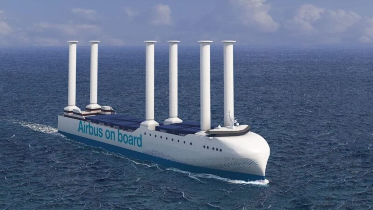 A Airbus vai levar asas e fuselagens pelo Atlântico em cargueiros chineses movidos a metanol e seis velas giratórias de 35 metros, com corte de emissões.