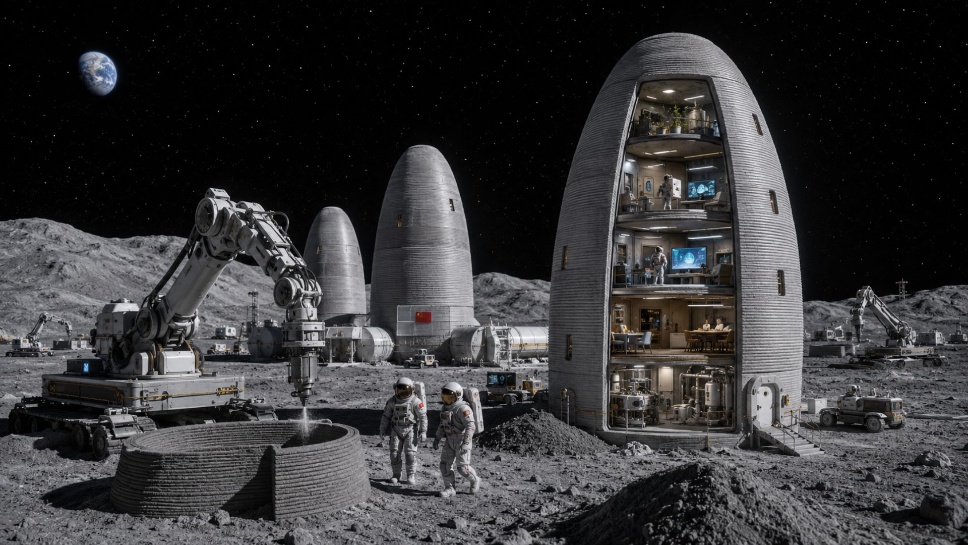 A China planeja uma cidade na Lua: robôs vão virar o solo lunar em tijolos e habitats 3D em casca de ovo, com energia nuclear, e astronautas até os anos 2030.