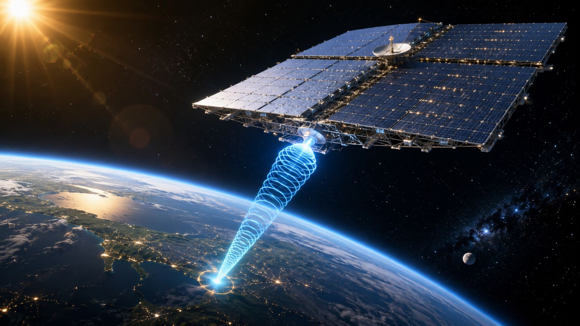 O projeto chinês Zhuri, da Universidade Xidian, quer captar luz solar no espaço e transmitir energia sem fio por micro-ondas, ainda em fase experimental.