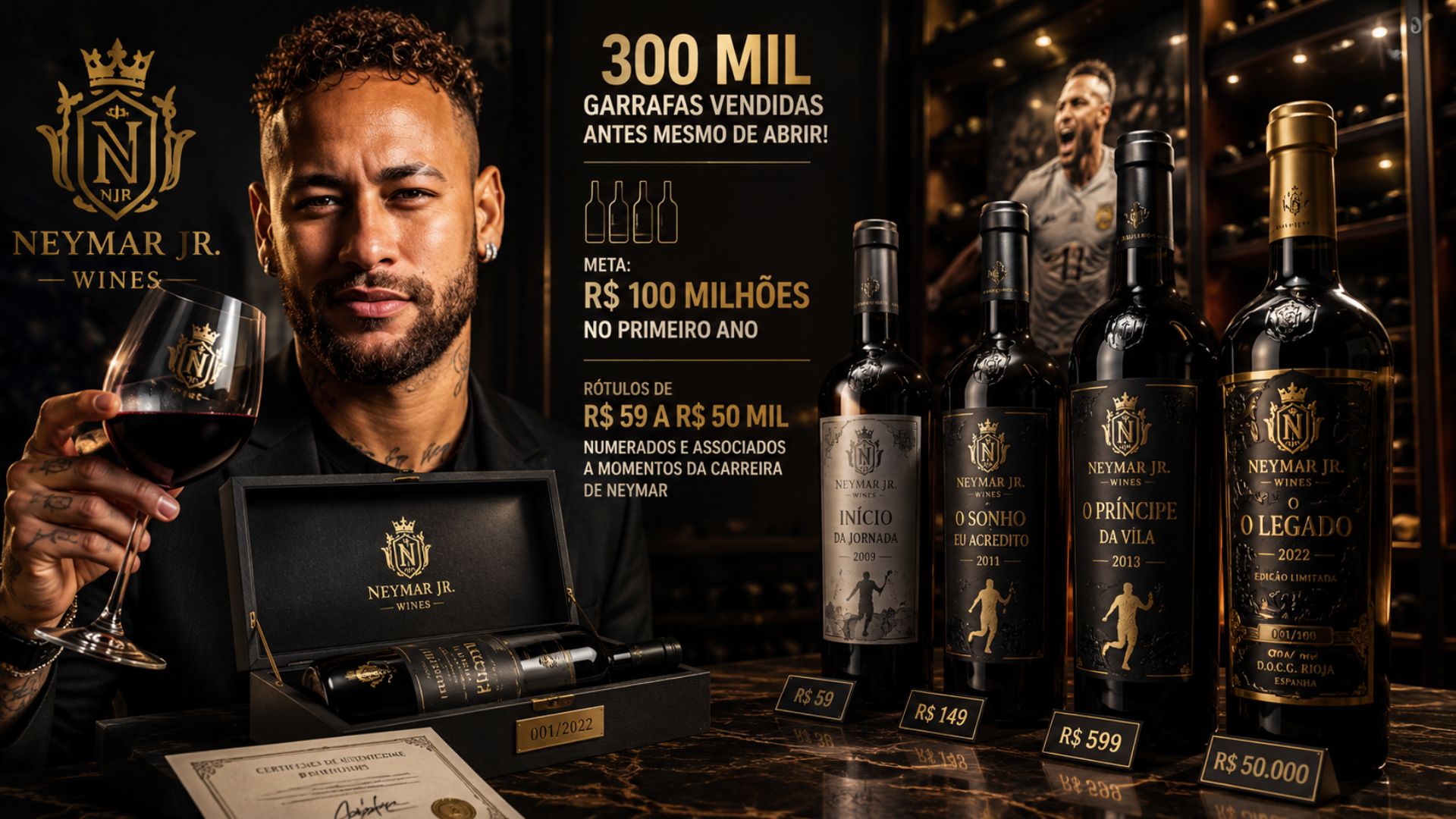 A Família Neymar lançou a Le Prince e vendeu 300 mil garrafas de vinho antes da estreia; a marca tem sete rótulos e mira o mercado brasileiro.