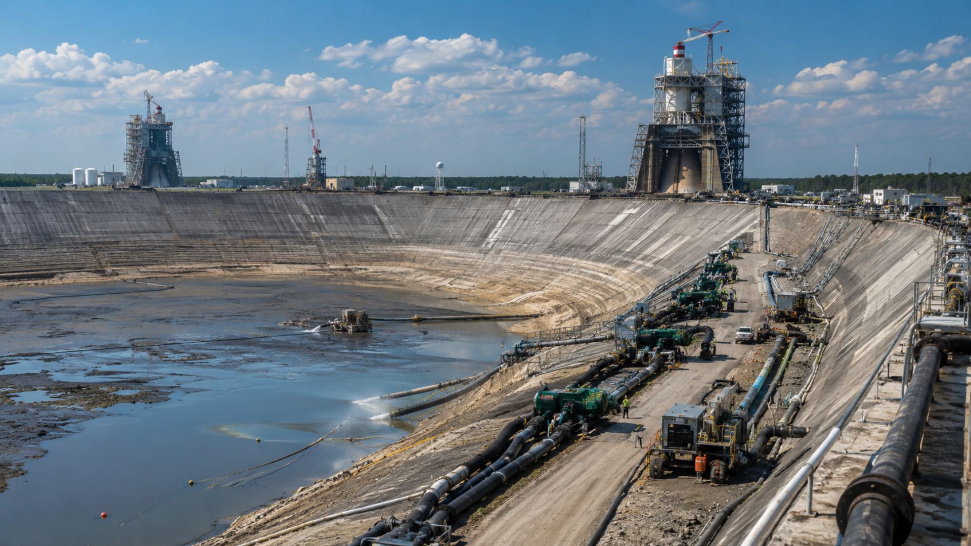 A NASA bombeou cerca de 151 milhões de litros em três dias para esvaziar um reservatório do Stennis Space Center e trocar uma bomba do sistema de teste de foguetes.