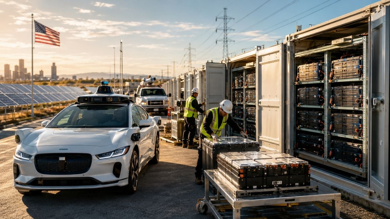 Baterias da Waymo terão segunda vida com B2U para armazenar energia solar e reforçar a rede elétrica.
