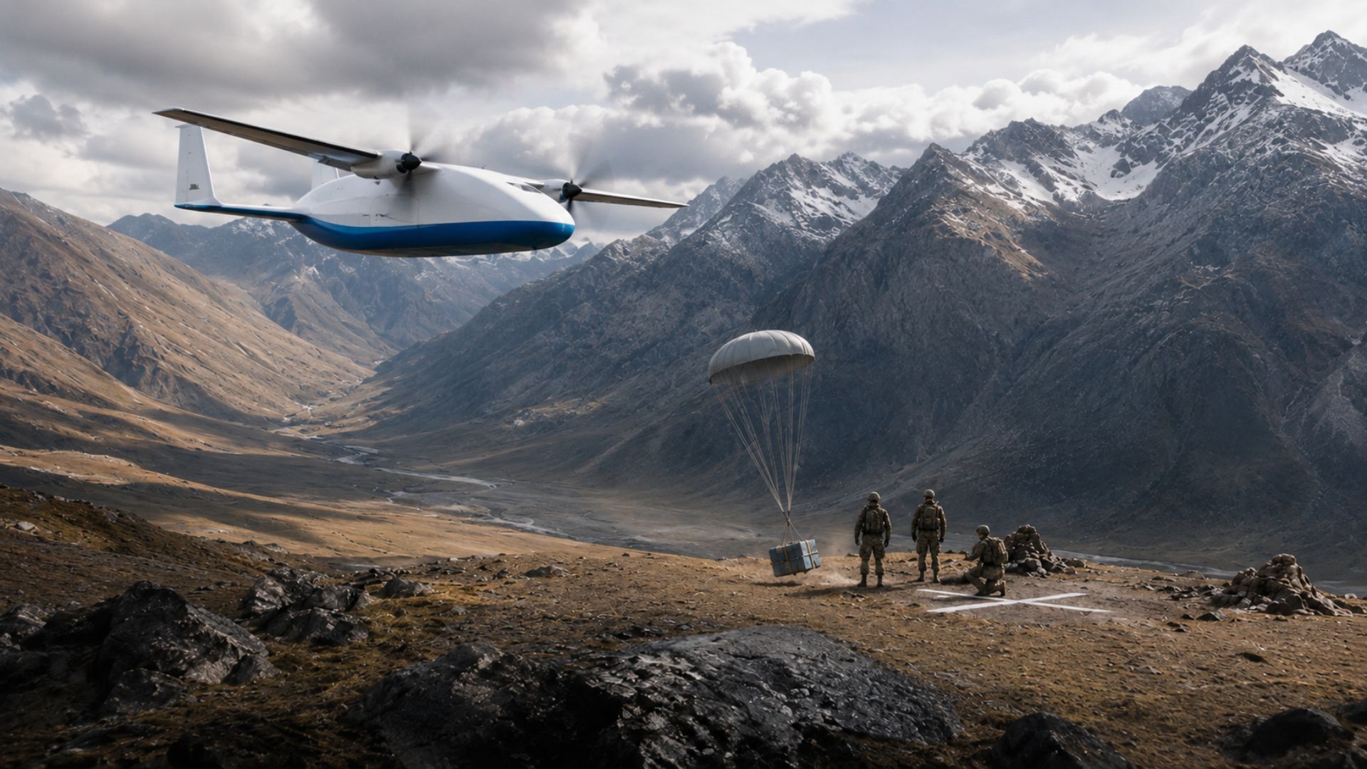 A Pyka demonstrou a aeronave autônoma DropShip lançando cargas de 90 quilos perto do alvo, mirando a logística militar em locais de difícil acesso.
