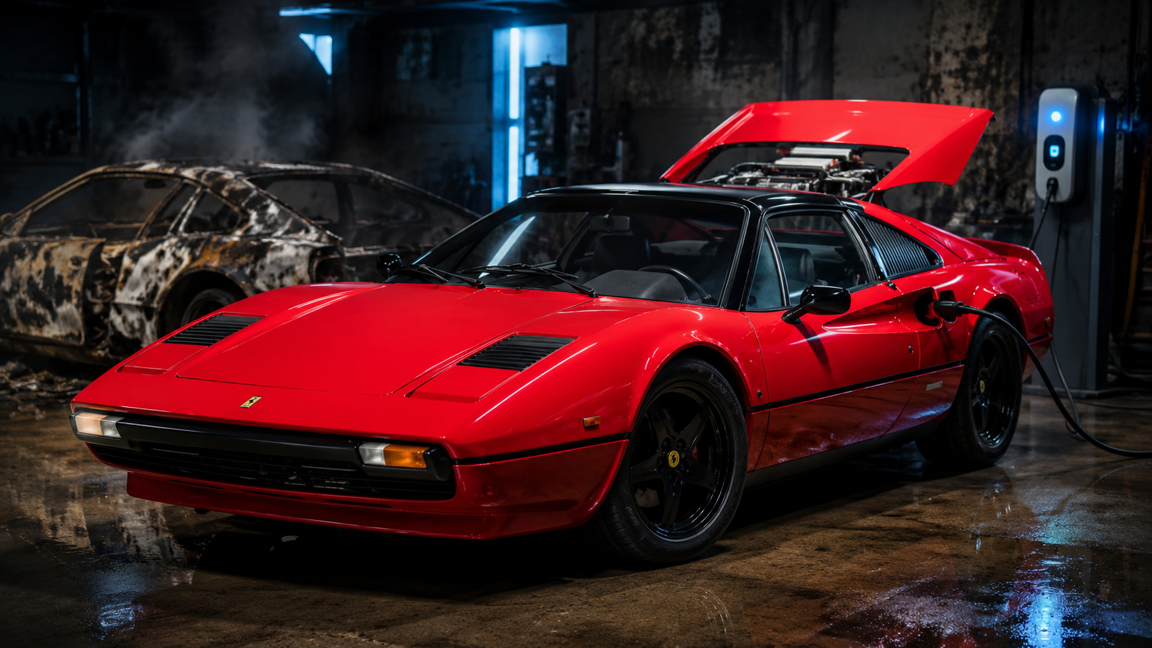 Uma Ferrari queimada parecia condenada à sucata, até uma empresa retirar o motor V8, instalar três motores elétricos e transformar o esportivo antigo na 308 GTE com bateria de 47 kWh