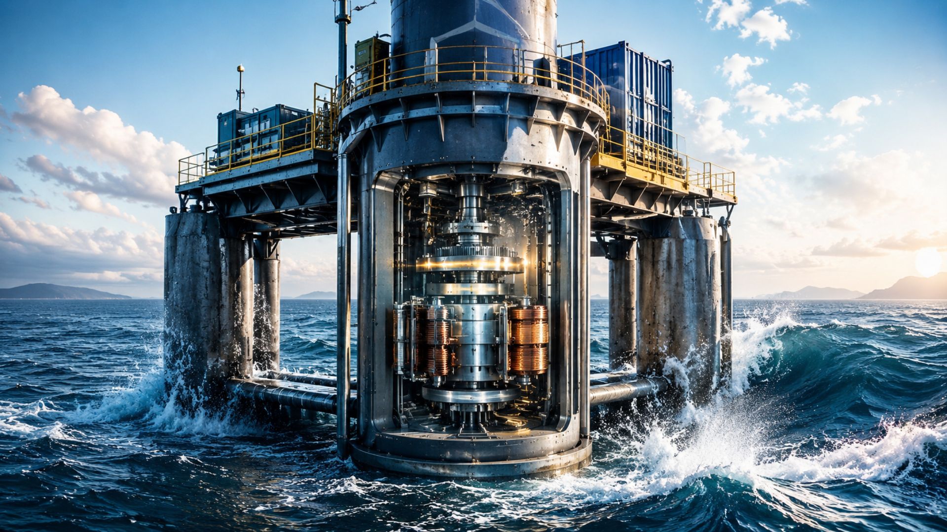 No Japão, a força das ondas vira energia limpa em um conversor com volante que, em simulações da Universidade de Osaka, chega a 50% de eficiência teórica.