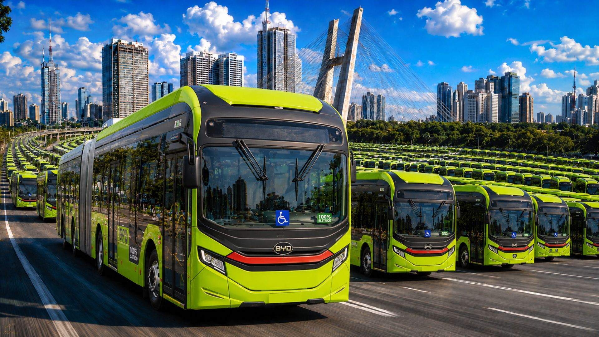 A BYD respondeu por quase 45% dos emplacamentos de ônibus elétricos no Brasil em maio de 2026, enquanto São Paulo concentra 80% da frota elétrica do país. imagem ilustrativa