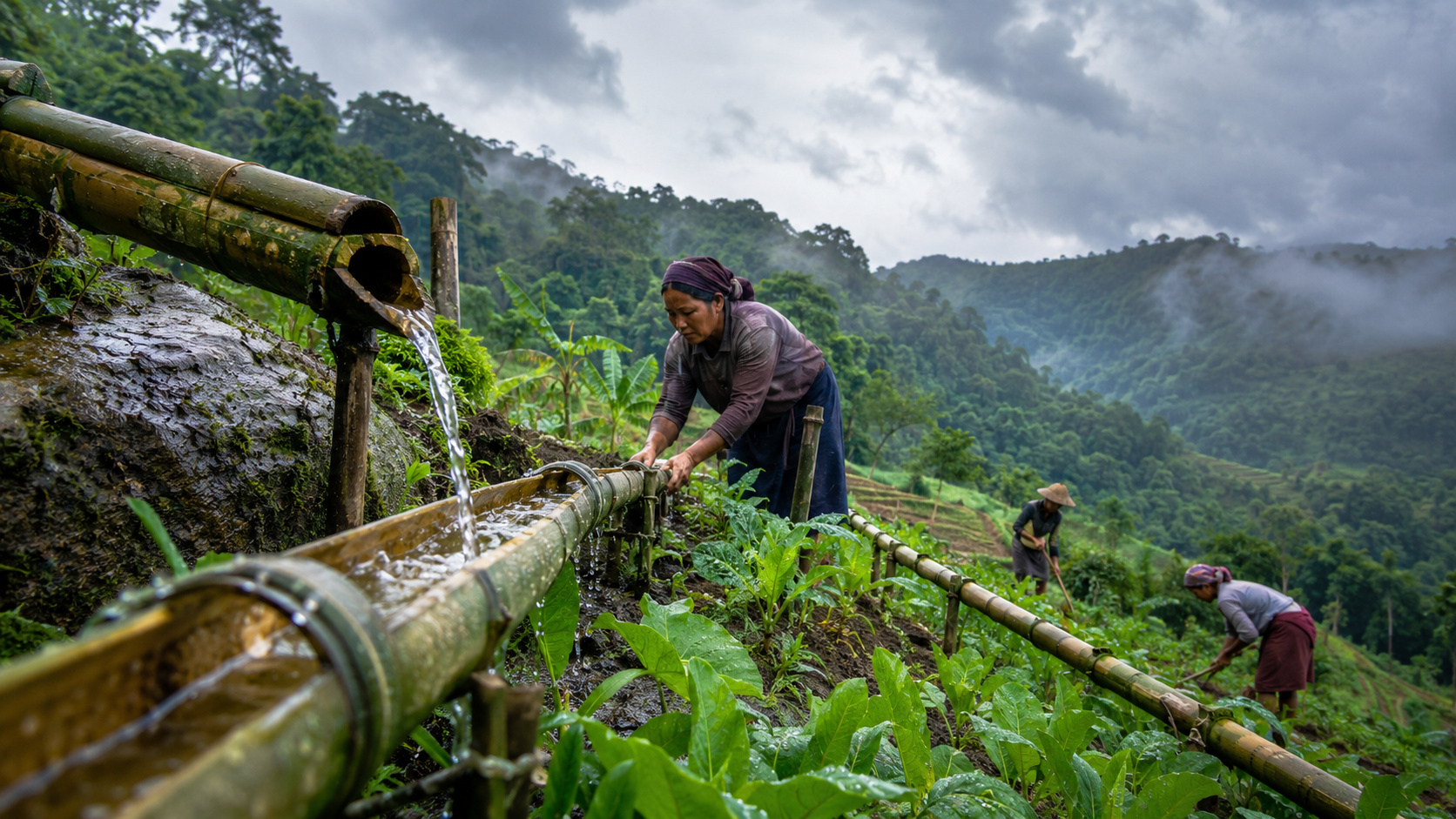 A irrigação por bambu em Meghalaya leva água de nascentes e córregos até as plantações usando a força da gravidade