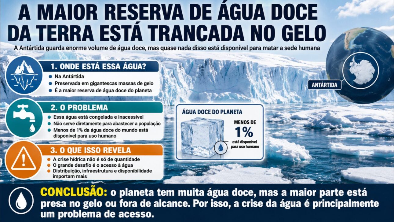 The largest fresh water reserve on Earth is locked in the ice of Antarctica and does not quench anyone's thirst, because less than 1% of all the fresh water in the world is actually available for human use, revealing that the water crisis is of access, not quantity