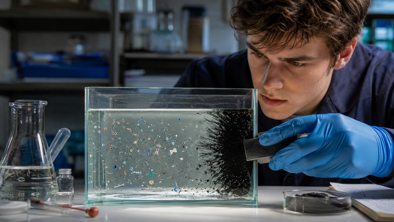 A técnica com ferrofluido usa óleo vegetal, pó de ferrugem e magnetismo para retirar microplásticos da água
