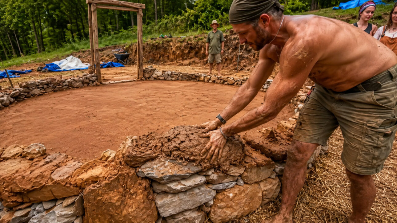 A técnica usada é conhecida como cob, nome dado a uma forma de construção com terra crua.