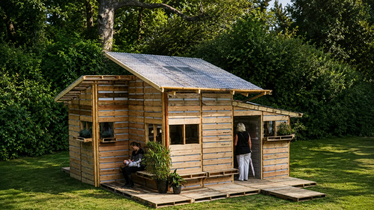 Emergency shelter uses 100 pallets to demonstrate how logistics, rapid construction, and wood recycling can help displaced families