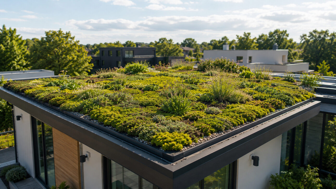 Casa moderna con techo verde cubierto por plantas, ilustrando aislamiento térmico, eficiencia energética y construcción sostenible.