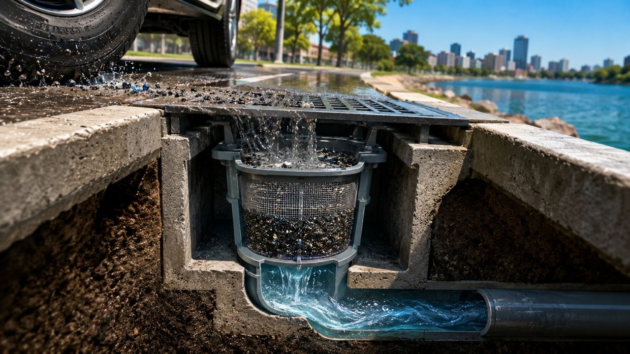 Tire microplastics are blocked by DrainZero storm drain filter at the Earth Prize 2026; solution targets urban rivers.