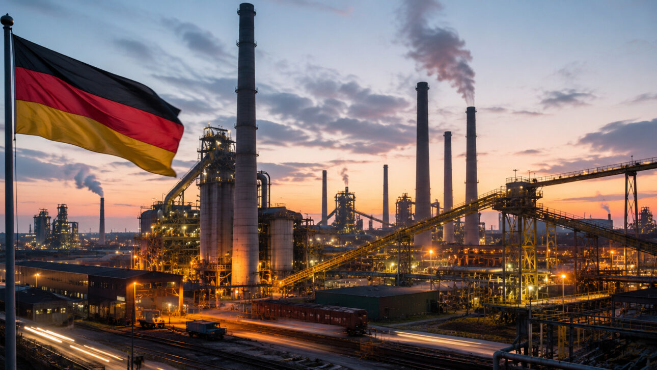 Linha de produção industrial moderna com equipamentos automatizados e trabalhadores em operação, representando os desafios e a recuperação gradual da indústria alemã em 2026.