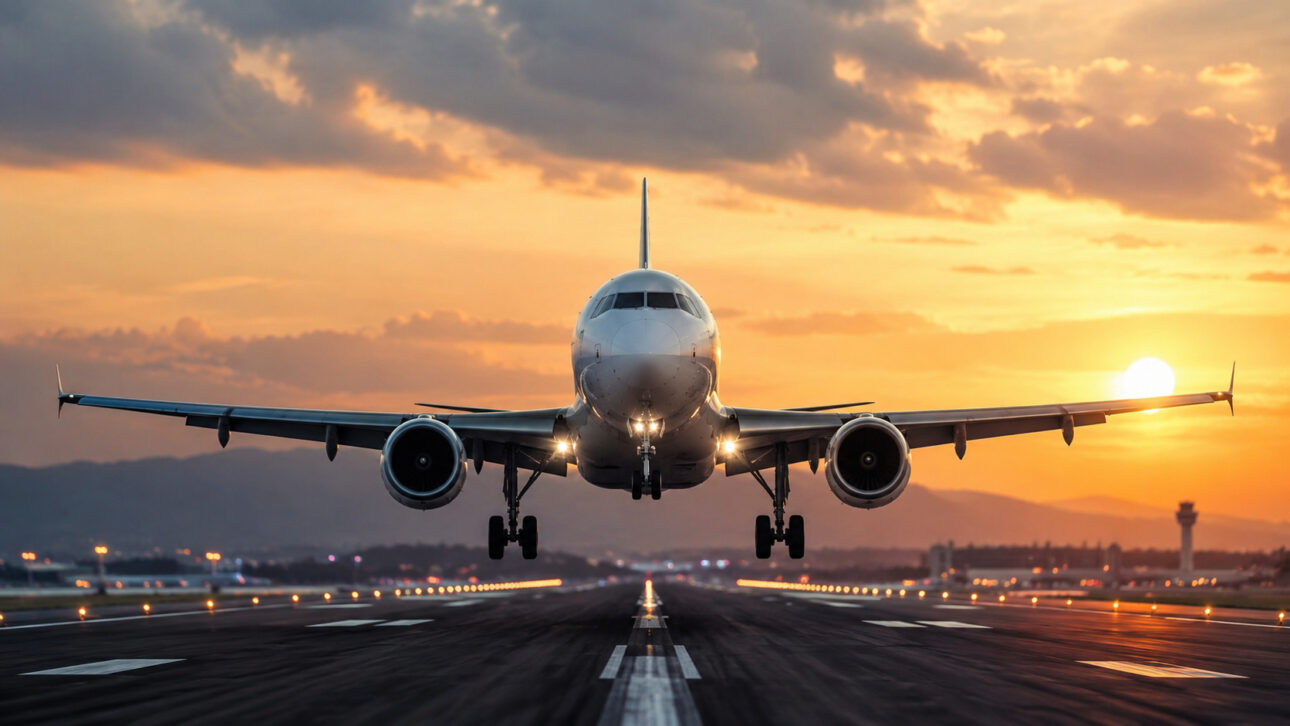 Avião comercial de grande porte alinhado sobre a pista durante o pôr do sol, representando o setor de transporte aéreo e os debates sobre custos, impostos e passagens na aviação da América Latina.