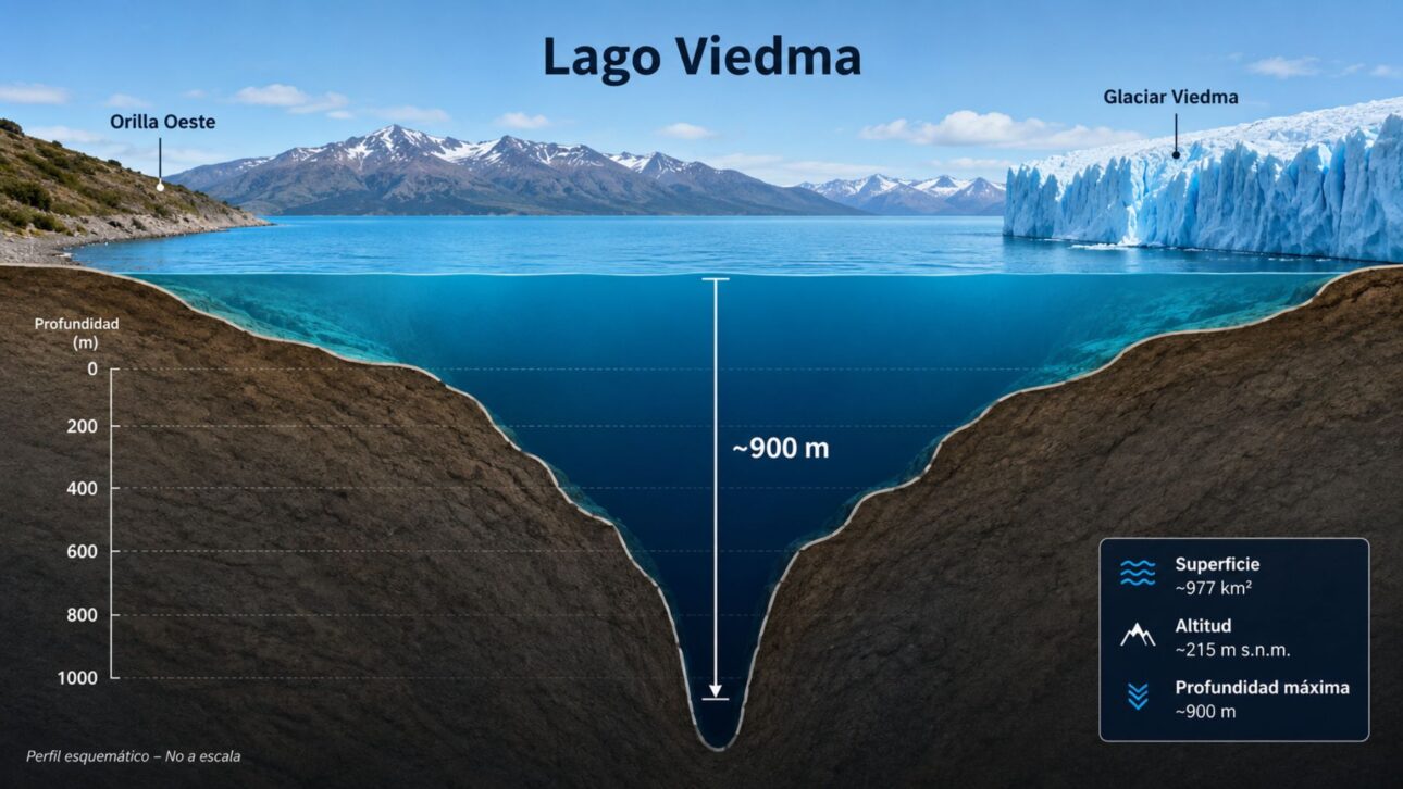 O degelo da geleira Viedma na Patagônia revelou uma fossa de 900 m e fez do lago Viedma o mais profundo da América, confirma o CONICET: o 5º do mundo.