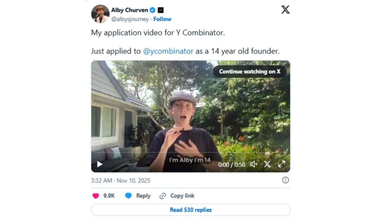 Alby Churven's application to Y Combinator went viral on X. Alby Churven