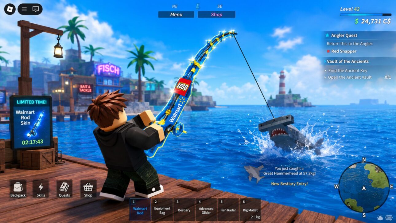 Aos 19, o jovem desenvolvedor Nate Colley fatura US$ 400 mil/mês com o Fisch, jogo de pesca no Roblox; Lego e Walmart anunciam nesse jogo no Roblox.