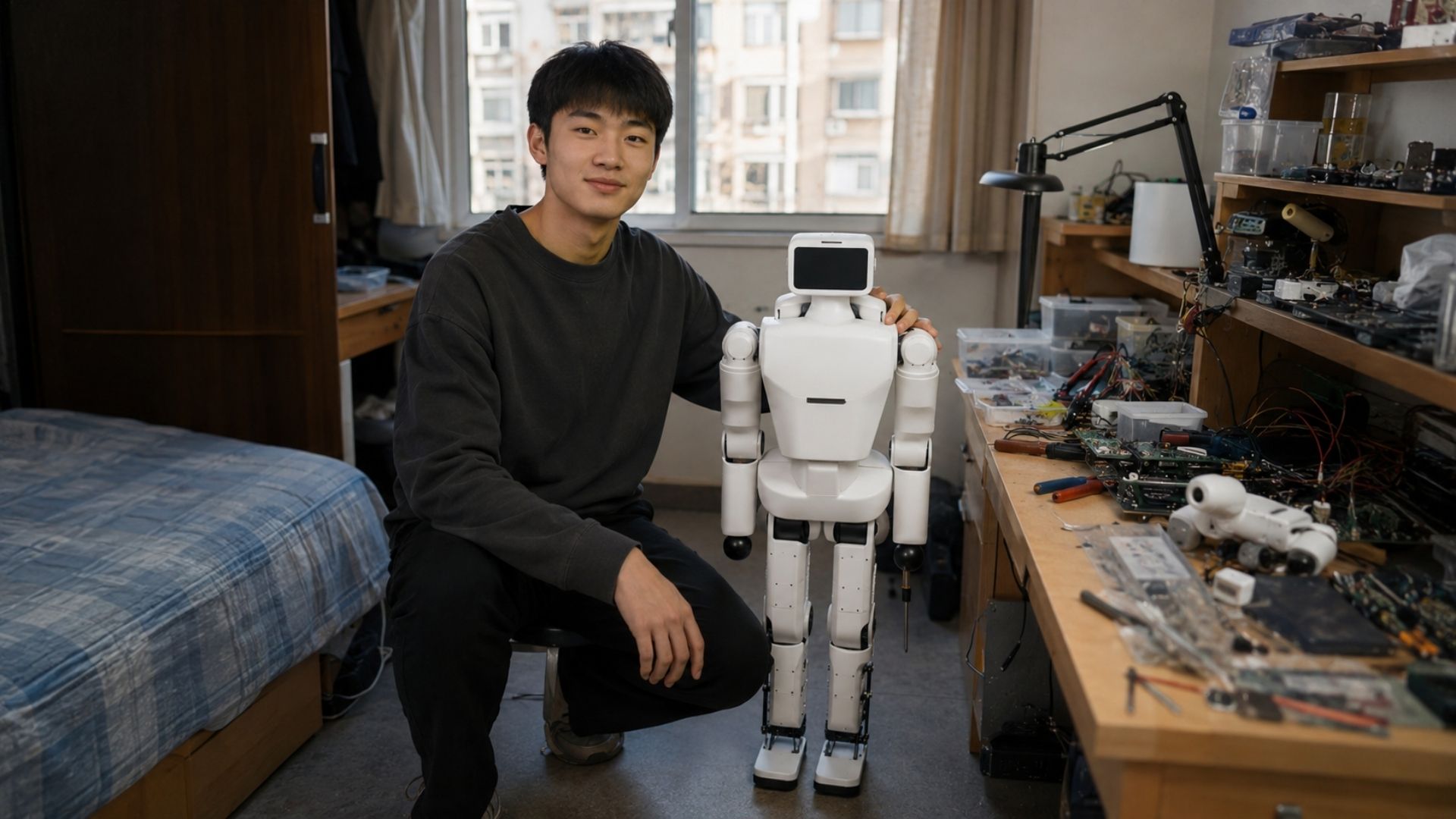 Estudante construiu um robô humanoide caseiro por US$ 2.100 no alojamento, em código aberto, e hoje toca a própria startup de robótica na China.