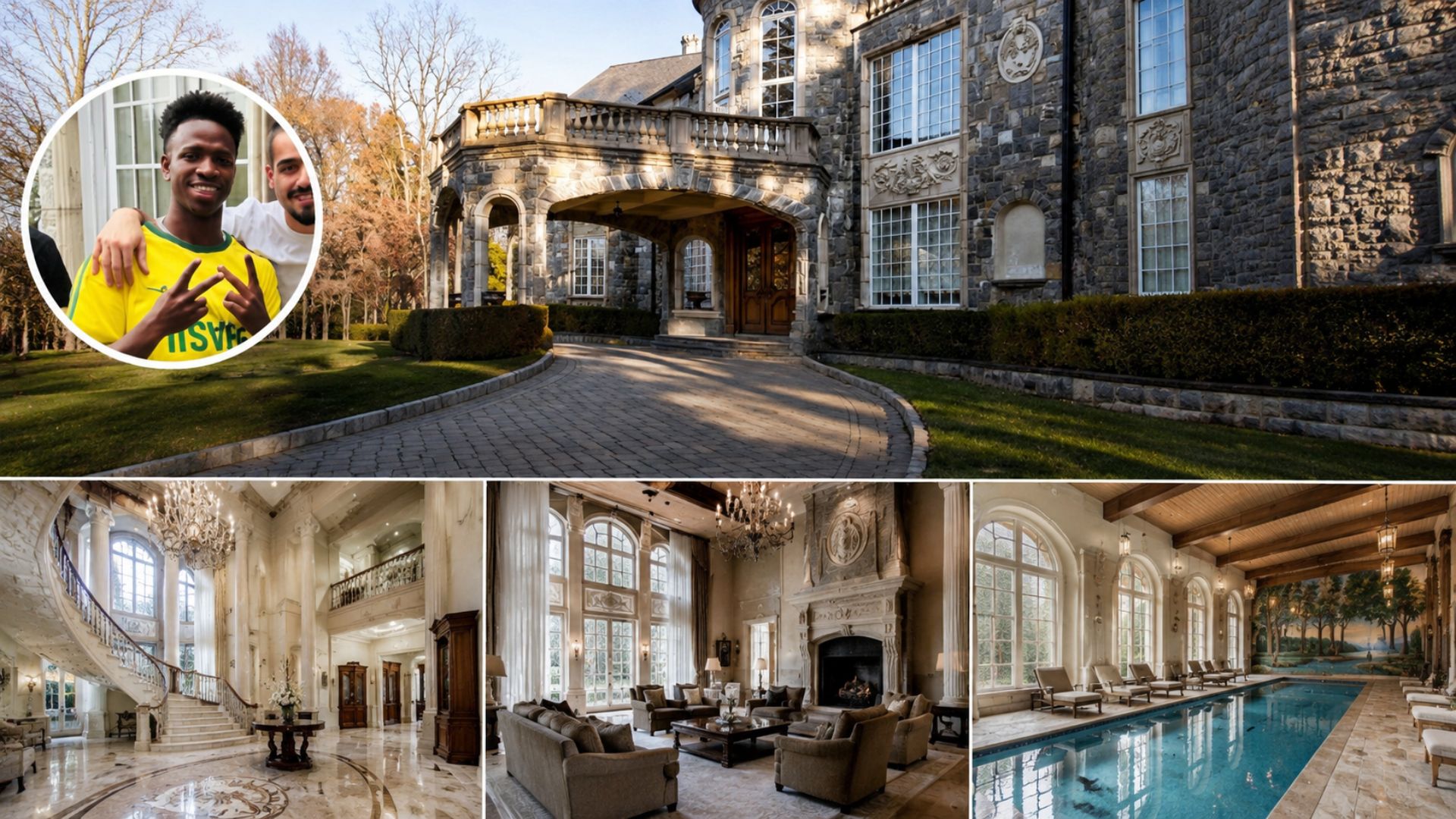 Vini Jr escolheu um castelo de R$ 55 milhões em Nova Jersey, com diária de até R$ 78 mil, para a família na Copa do Mundo; a mansão tem 984 m² e ar de nobreza. IMAGEM ILUSTRATIVA