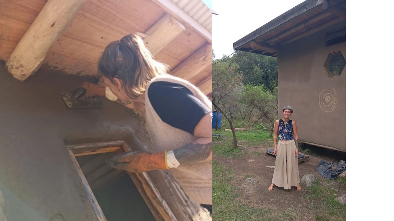 Casa de adobe e palha de 30 m² erguida à mão por ex-professora em Córdoba, na Argentina: um exemplo de bioconstrução sustentável onde ela teve o filho.