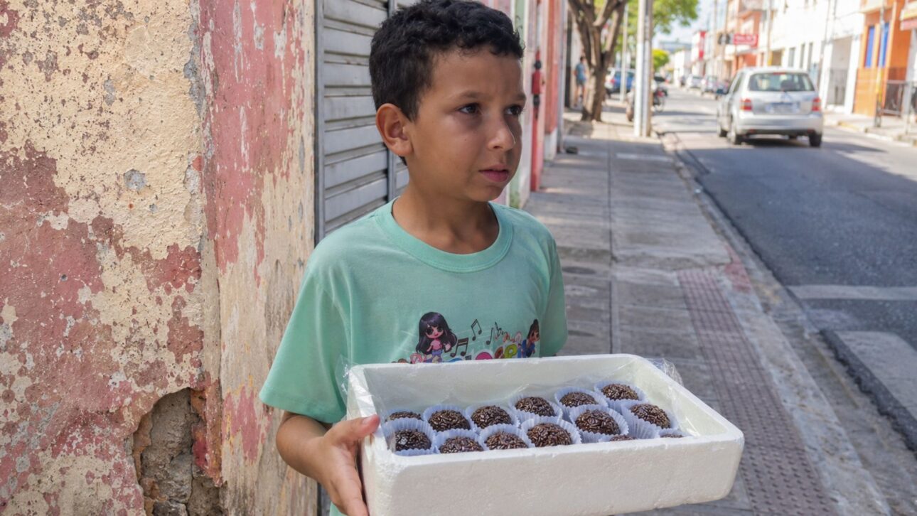 In Natal, Talis, 9 years old, gave up playing to sell brigadeiro and help his grandfather with Parkinson's; the family's dream is just a candy-making machine.