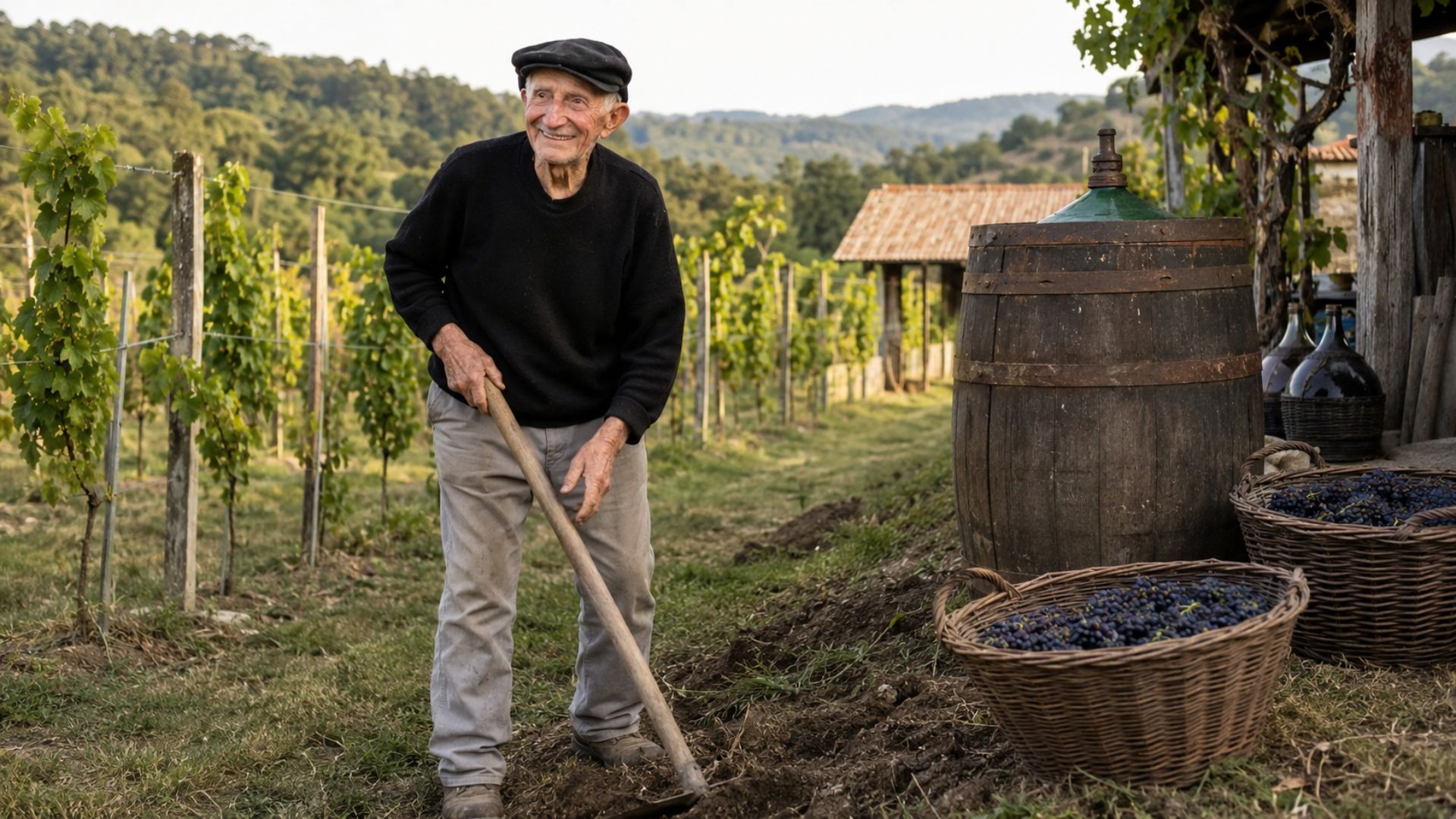 Aos 94 anos, o agricultor Seu Luiz cuida das parreiras, faz o próprio vinho e ainda toca gaita na roça, no interior do Rio Grande do Sul.