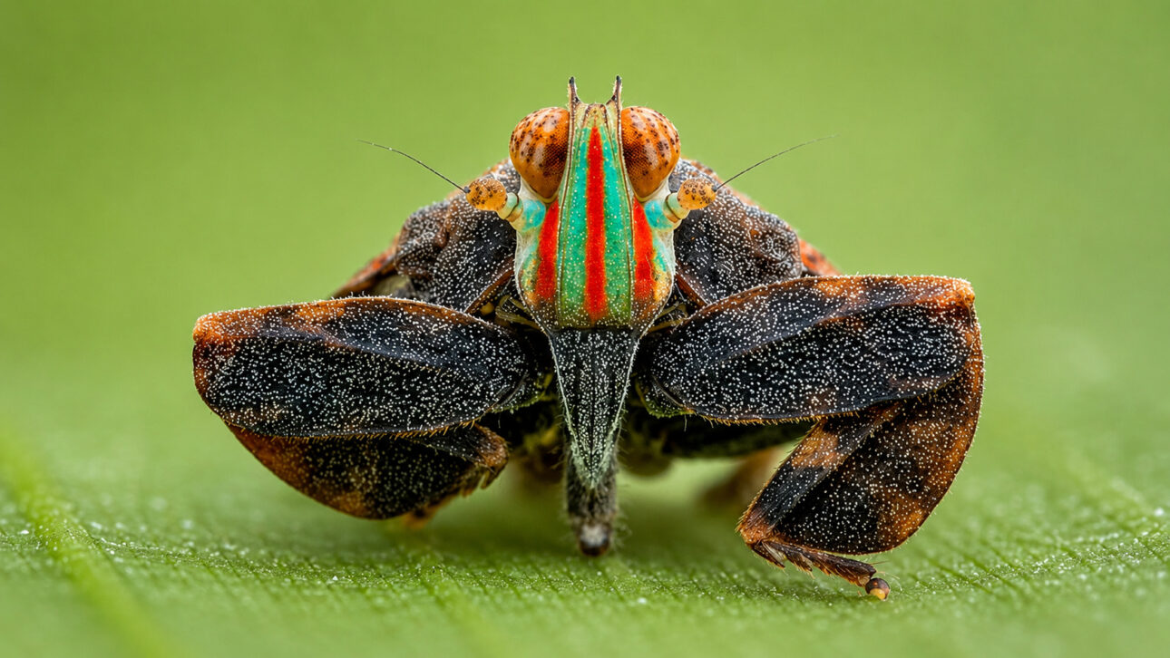 Insecto de apariencia exótica visto en macrofotografía, con ojos anaranjados, rayas coloridas en la cabeza y patas abiertas sobre una hoja verde, representando la diversidad de especies encontradas en áreas de alta biodiversidad.
