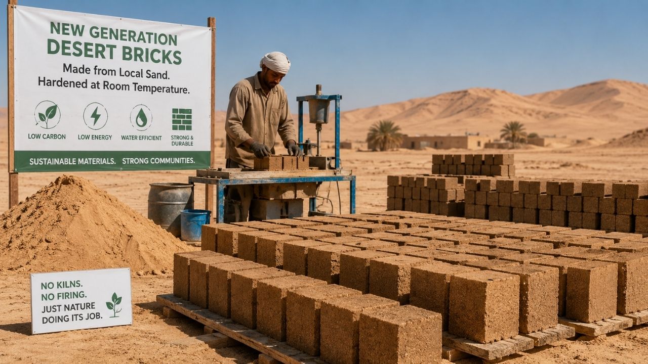 With desert sand, eco-friendly bricks use industrial ashes, reduce Portland cement, and aim for industrial production.