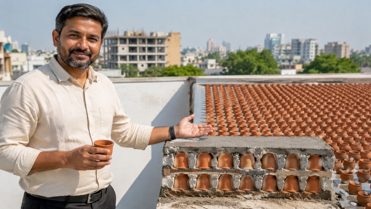 Copos de barro (kulhad) como isolamento térmico: o teto vira ar-condicionado natural, deixa a casa 5 °C mais fresca e corta 25% da conta de luz.