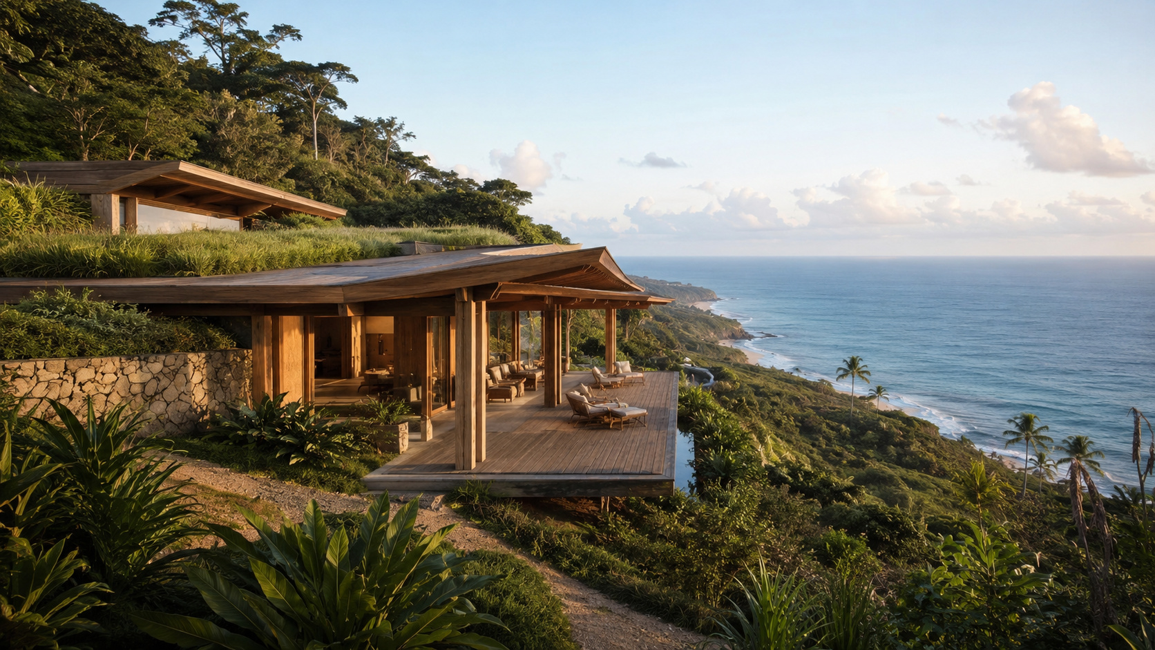 arquitetos enterraram parte de uma casa na Bahia, apoiaram a obra em madeira laminada colada e abriram a varanda para uma vista direta do Atlântico