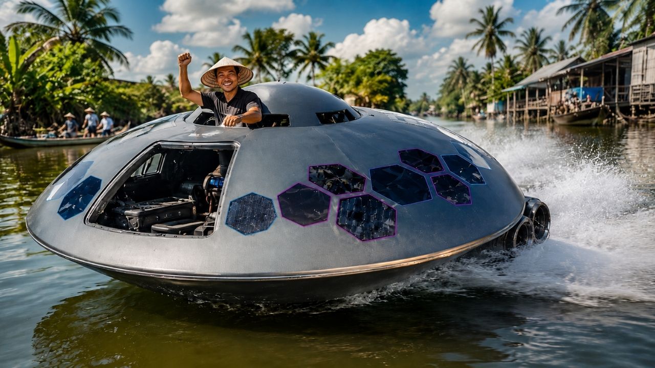 Artesão vietnamita constrói do zero um barco em forma de disco voador, instala propulsão a jato, painéis solares e portas automáticas, leva a estrutura futurista para a água e prova (5)