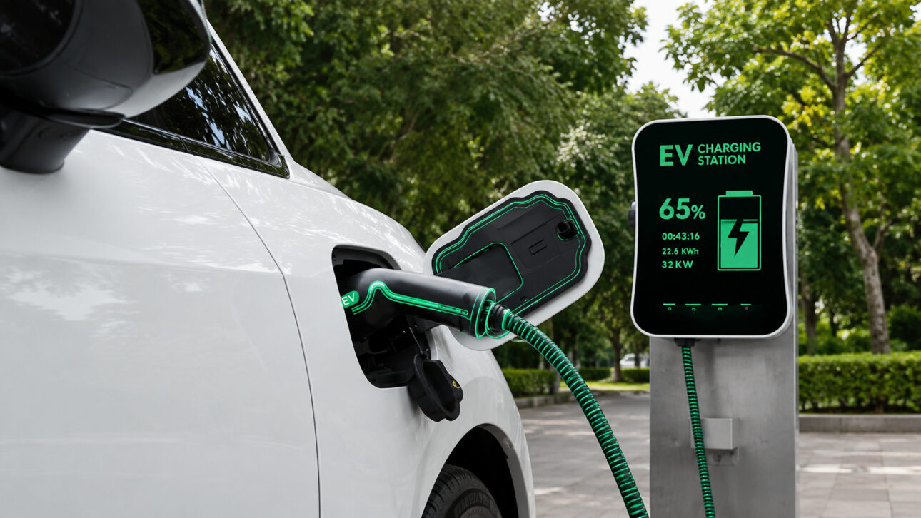 White electric vehicle connected to a fast charging station in a wooded area, illustrating the range, energy efficiency, and charging of electric cars in everyday use.