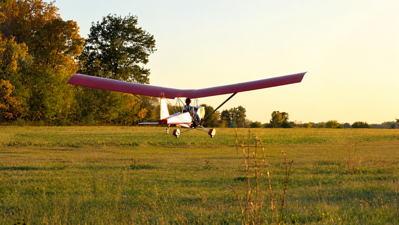Light airplane over field at sunset