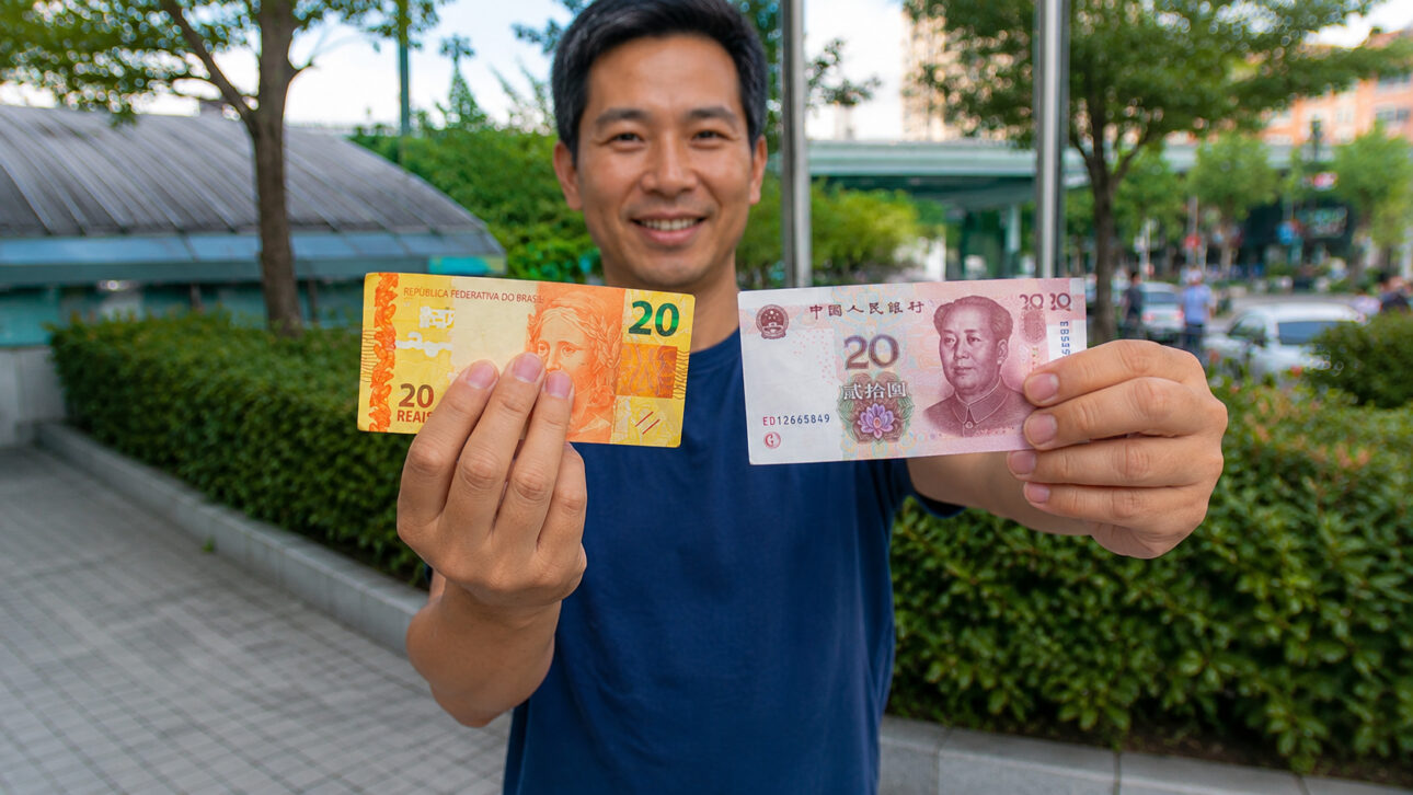 Man holds Brazilian real and Chinese yuan notes in an urban area, representing the financial rapprochement between Brazil and China and the possible issuance of bonds in yuan.