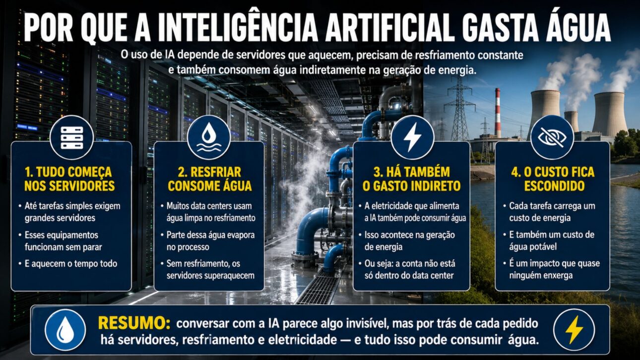 E-mail de 100 palavras no ChatGPT pode gastar 520 ml de água potável em data centers, diz estimativa sobre a pegada hídrica da inteligência artificial.