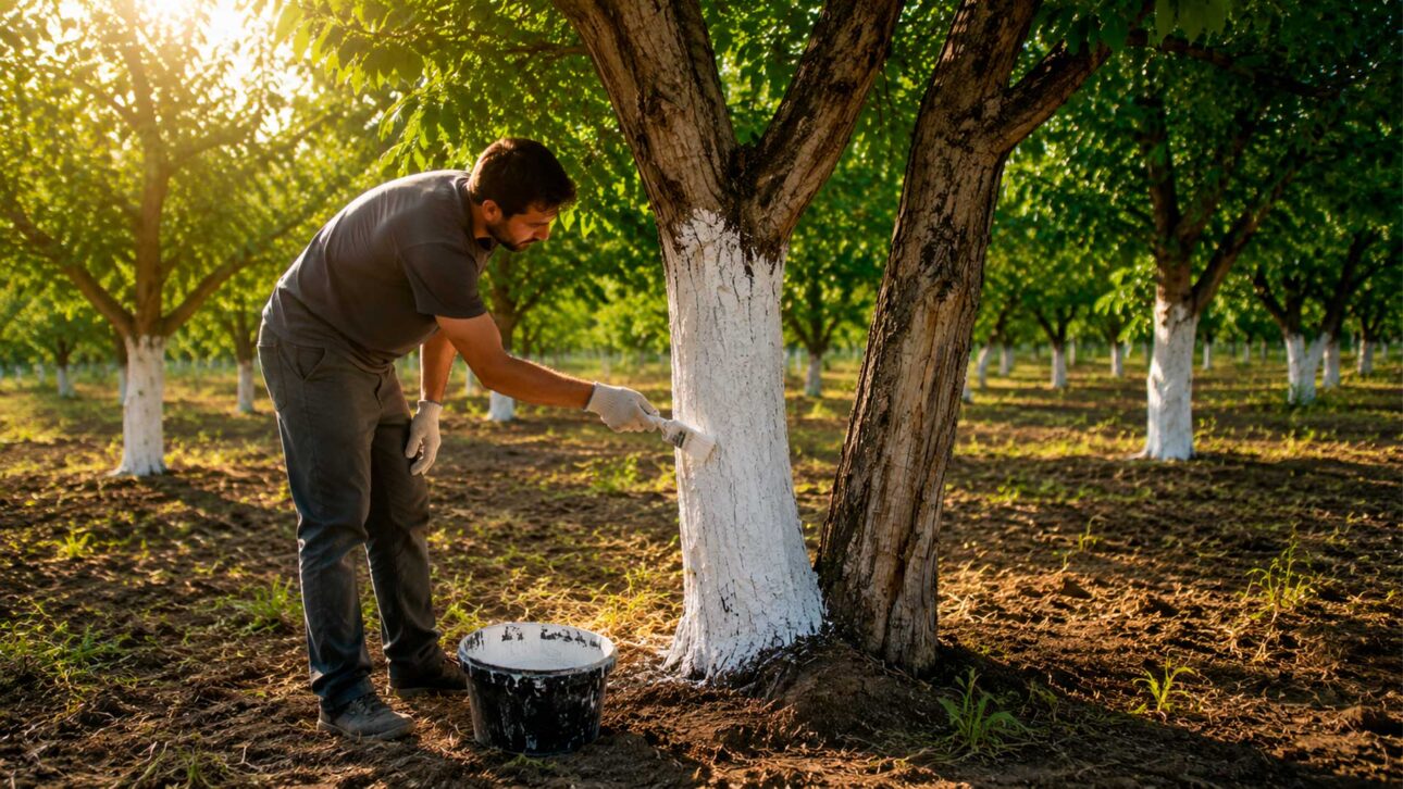 Whitewashing trees can protect trunks from strong sun, but using common paint turns care into a risk for the plant