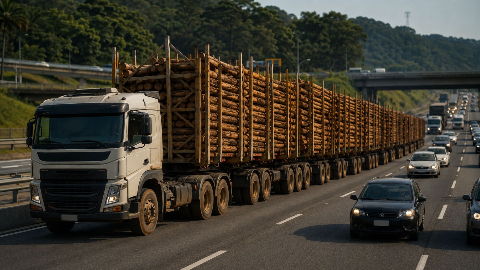 Caminhão Volvo FMX de 540 cavalos puxa o hexatrem da Suzano com até 200 toneladas de eucalipto em Três Lagoas, fora das rodovias pelo limite de 74 toneladas.