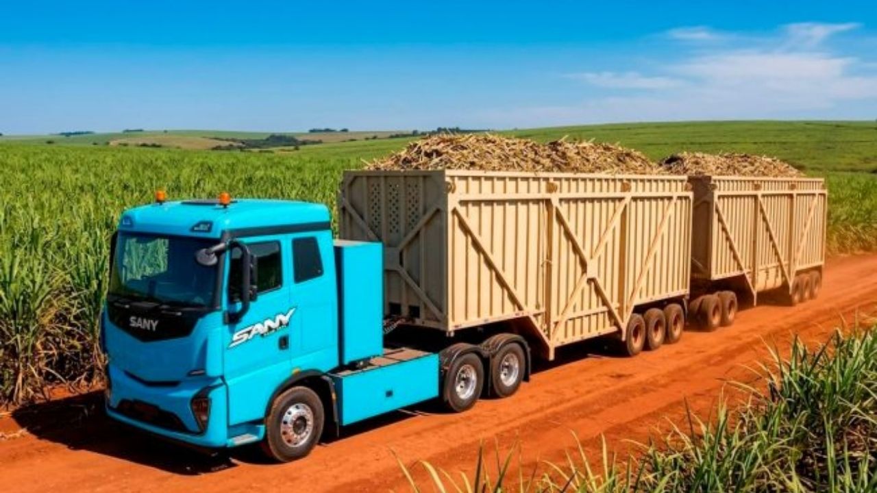 Caminhão da Sany testa transporte de cana com bateria de 588 kWh, swap e força para 120 toneladas.