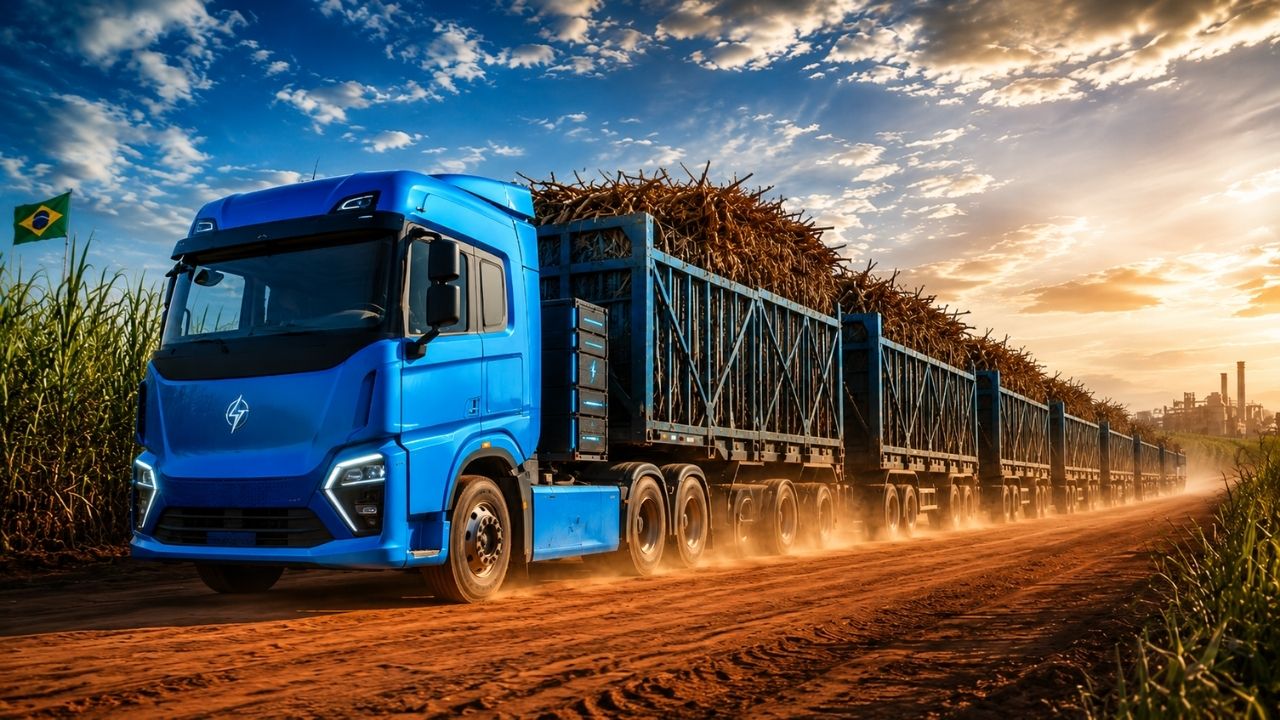 Caminhão elétrico chinês de 652 cavalos entra nos canaviais do Brasil puxando até 120 toneladas Sany testa cavalo mecânico 6x4 com bateria de 588 kWh, troca rápida por swap (3)