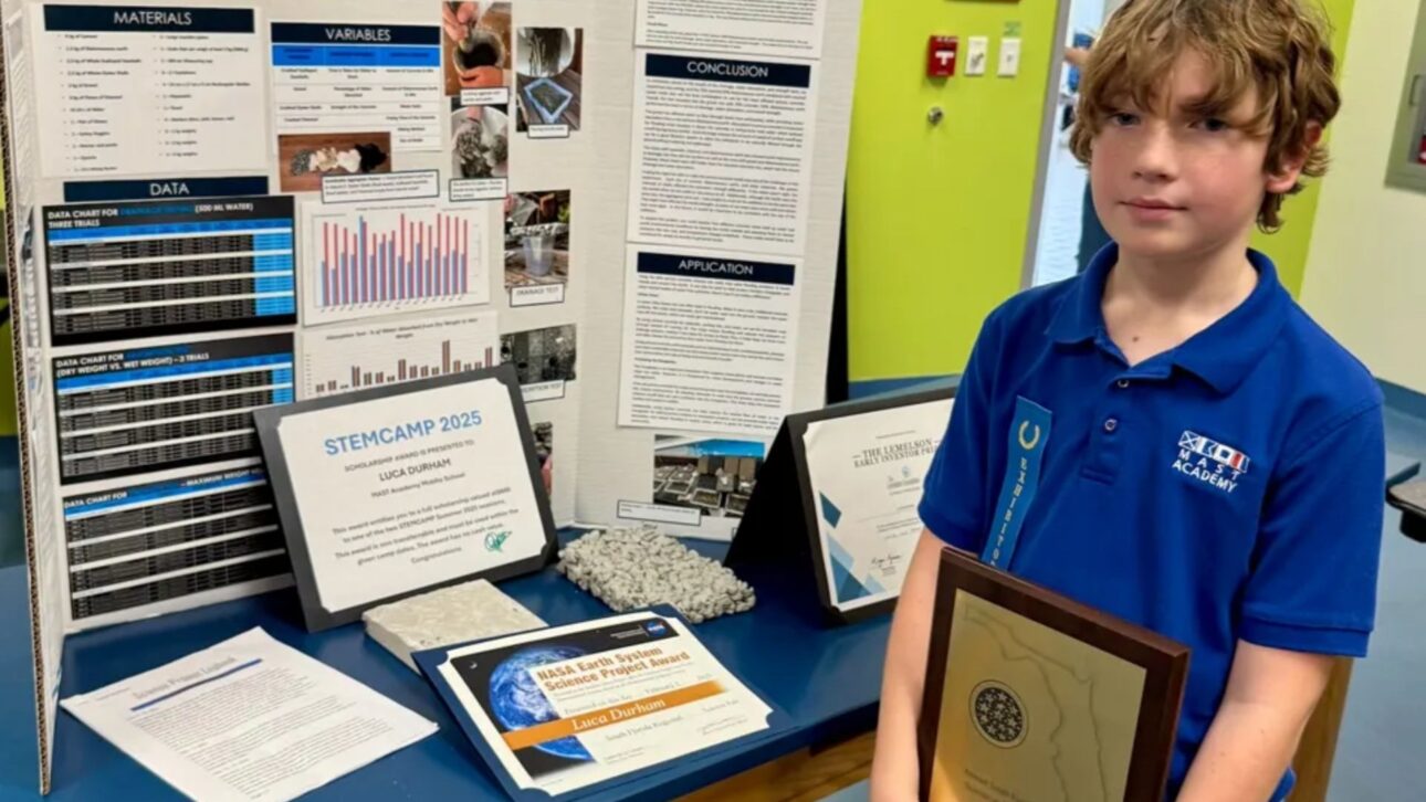 6th-grade boy in Miami creates a concrete that absorbs rainwater with oyster shells and charcoal and wins a Lemelson Young Inventor Award.