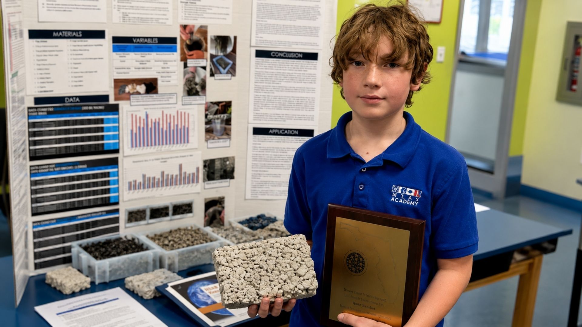 Menino do 6º ano em Miami cria um concreto que absorve a água da chuva com conchas de ostra e carvão e vence um prêmio Lemelson de jovem inventor.