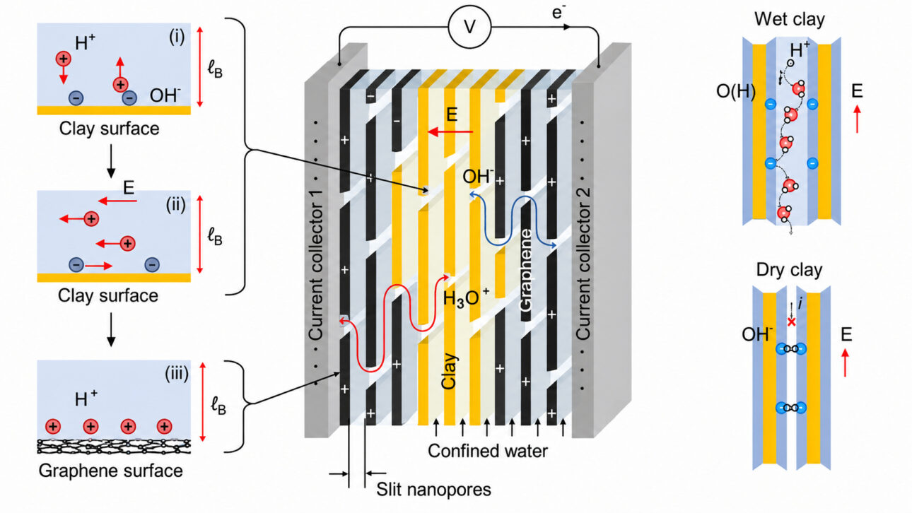 Diagrama científico ilustrando o funcionamento de um capacitor azul baseado em água nanoconfinada entre camadas de argila e grafeno, mostrando o transporte de cargas elétricas, a estrutura dos nanocanais e o mecanismo de armazenamento de energia desenvolvido por pesquisadores alemães.