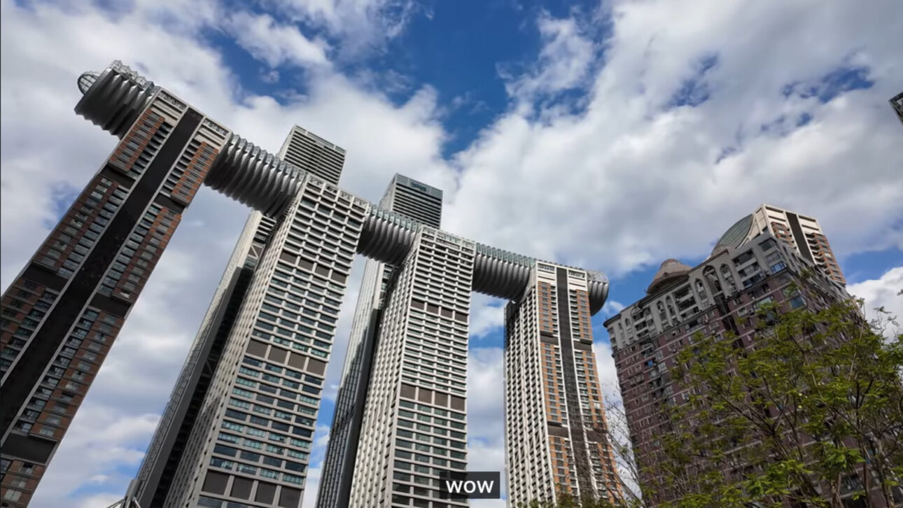 Edifício deitado na China impressiona ao ser suspenso a 250 metros de altura
