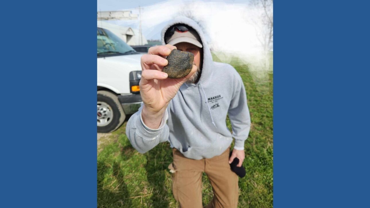 Credit: Jeff Makkos
Jeff Makkos displays his baseball-sized meteorite, found in Medina County.
